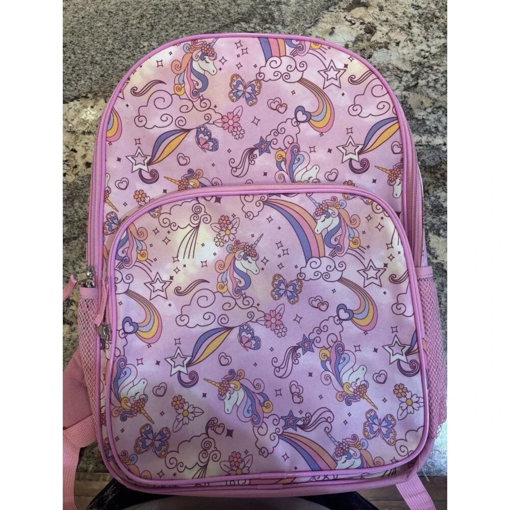 Pink Unicorn Kids Backpack 17”School Bag Rainbow Stars Girls Travel Bookbag New